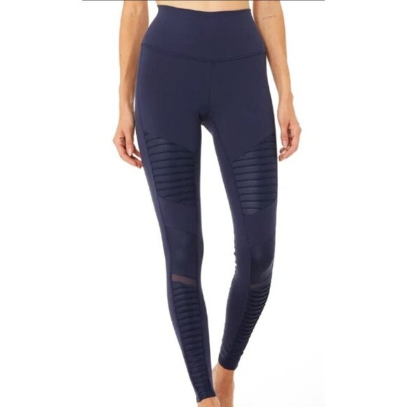 Alo Size XS Leggings Moto Mesh High Waist Navy Blue  Long Yoga Barre Workout - Picture 1 of 10